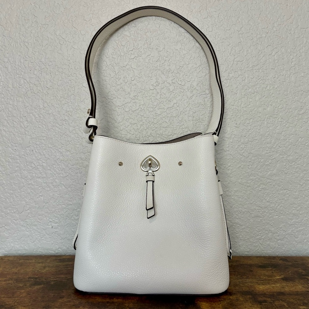 Kate Spade Leather Marti Small Bucket Bag Shoulder Crossbody White Silver - Picture 3 of 12
